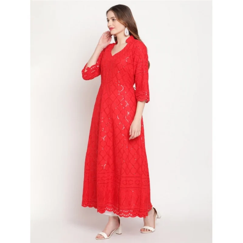 Generic Women's Casual 3/4th Sleeve Embroidered Cotton Kurti (Red) - Image 4