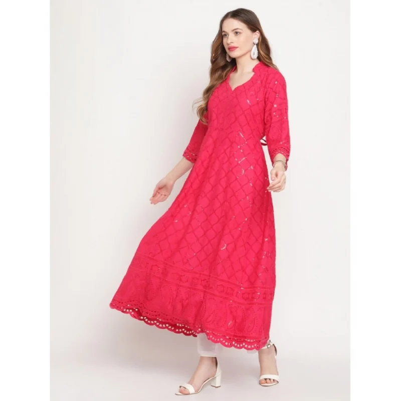 Generic Women's Casual 3/4th Sleeve Embroidered Cotton Kurti (Magenta) - Image 2