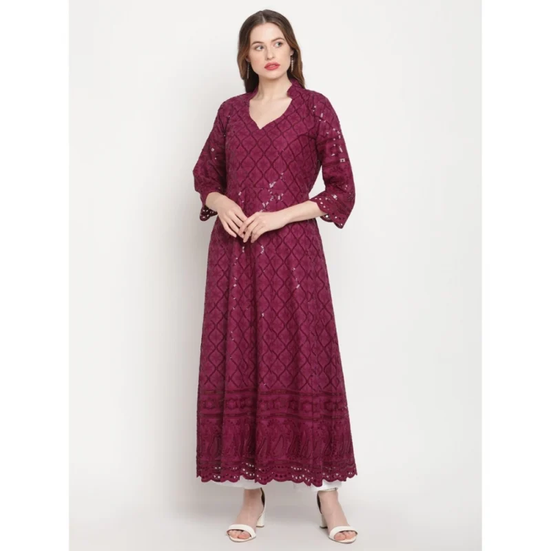 Generic Women's Casual 3/4th Sleeve Embroidered Cotton Kurti (Purple) - Image 4