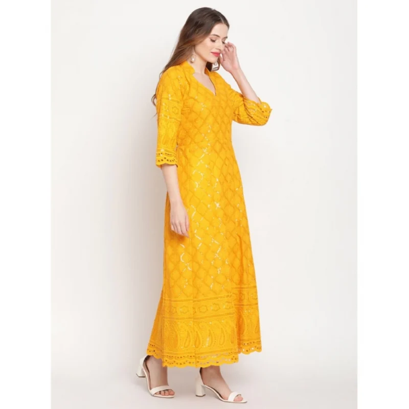 Generic Women's Casual 3/4th Sleeve Embroidered Cotton Kurti (Mustard) - Image 3