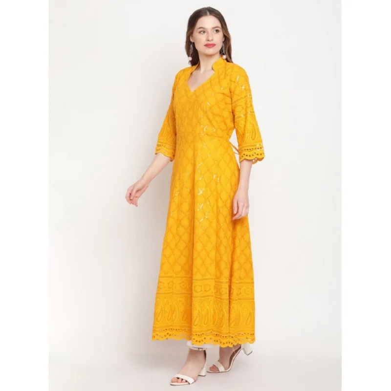 Generic Women's Casual 3/4th Sleeve Embroidered Cotton Kurti (Mustard) - Image 4