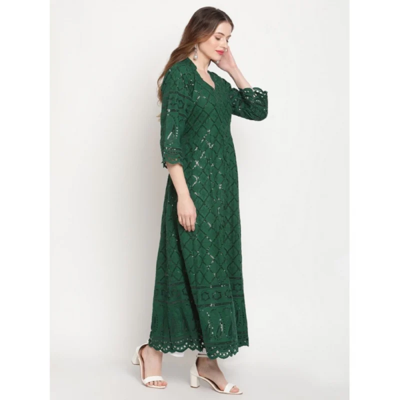Generic Women's Casual 3/4th Sleeve Embroidered Cotton Kurti (Dark Green) - Image 3