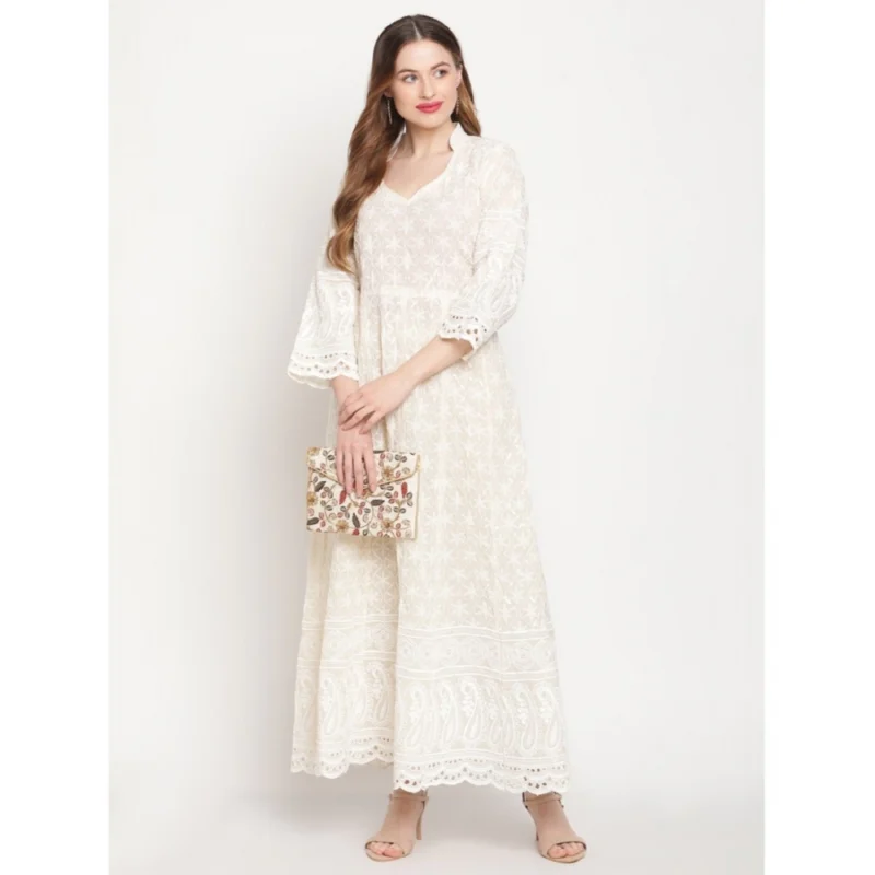 Generic Women's Casual 3/4th Sleeve Embroidered Cotton Kurti (White) - Image 2