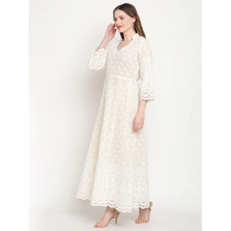 Generic Women's Casual 3/4th Sleeve Embroidered Cotton Kurti (White) - Image 4