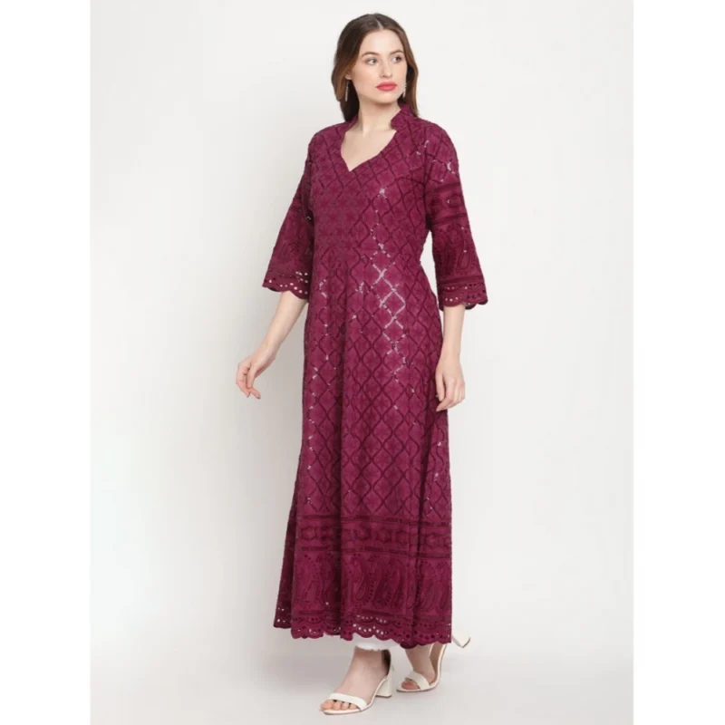 Generic Women's Casual 3/4th Sleeve Embroidered Cotton Kurti (Purple) - Image 3