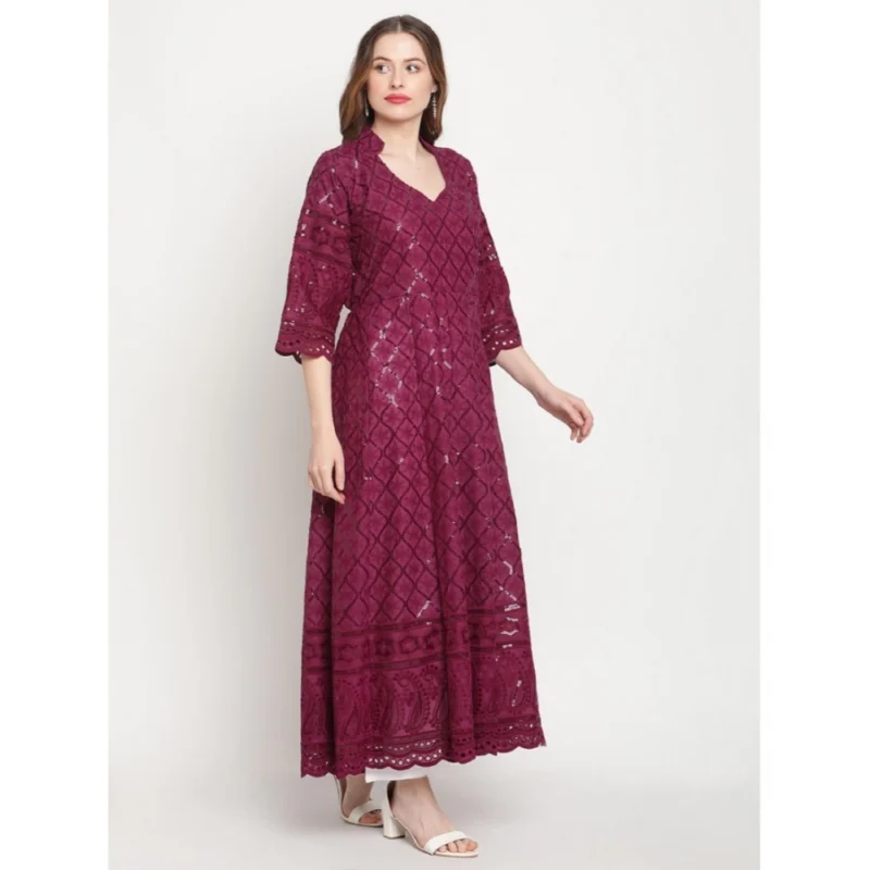 Generic Women's Casual 3/4th Sleeve Embroidered Cotton Kurti (Purple) - Image 2