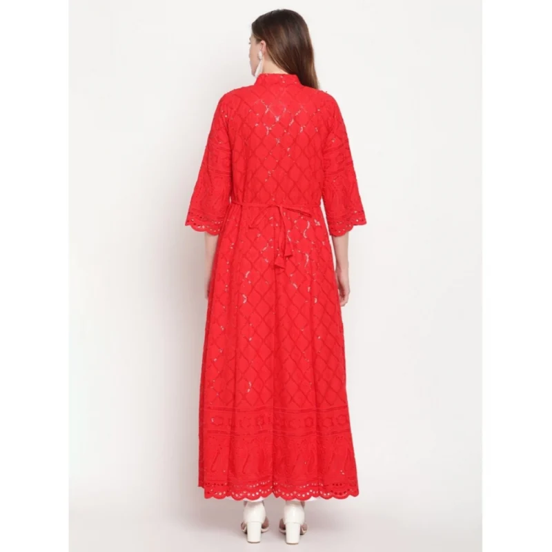 Generic Women's Casual 3/4th Sleeve Embroidered Cotton Kurti (Red) - Image 6
