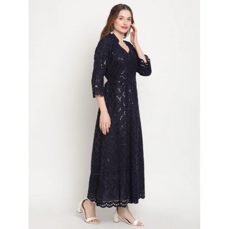 Generic Women's Casual 3/4th Sleeve Embroidered Cotton Kurti (Navy Blue) - Image 3