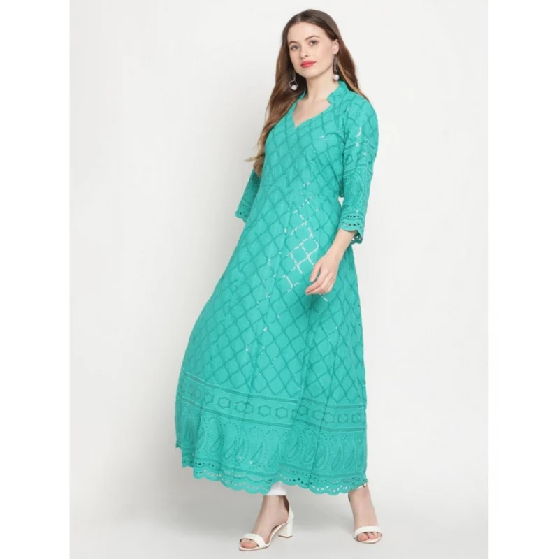 Generic Women's Casual 3/4th Sleeve Embroidered Cotton Kurti (Blue) - Image 4