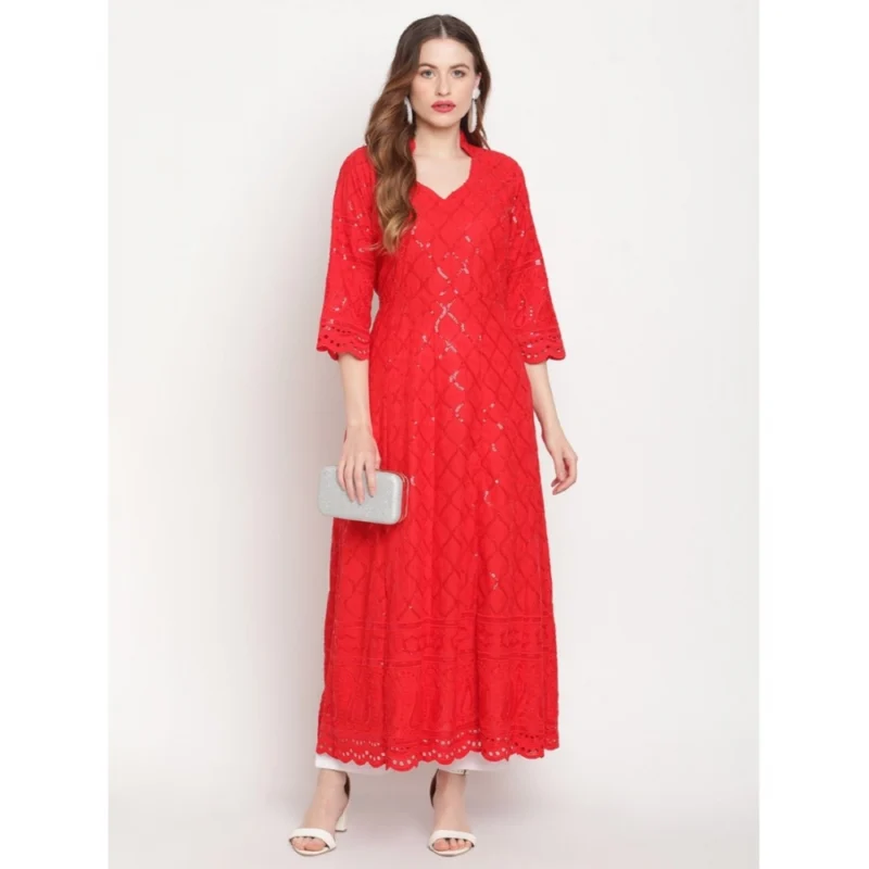 Generic Women's Casual 3/4th Sleeve Embroidered Cotton Kurti (Red) - Image 2