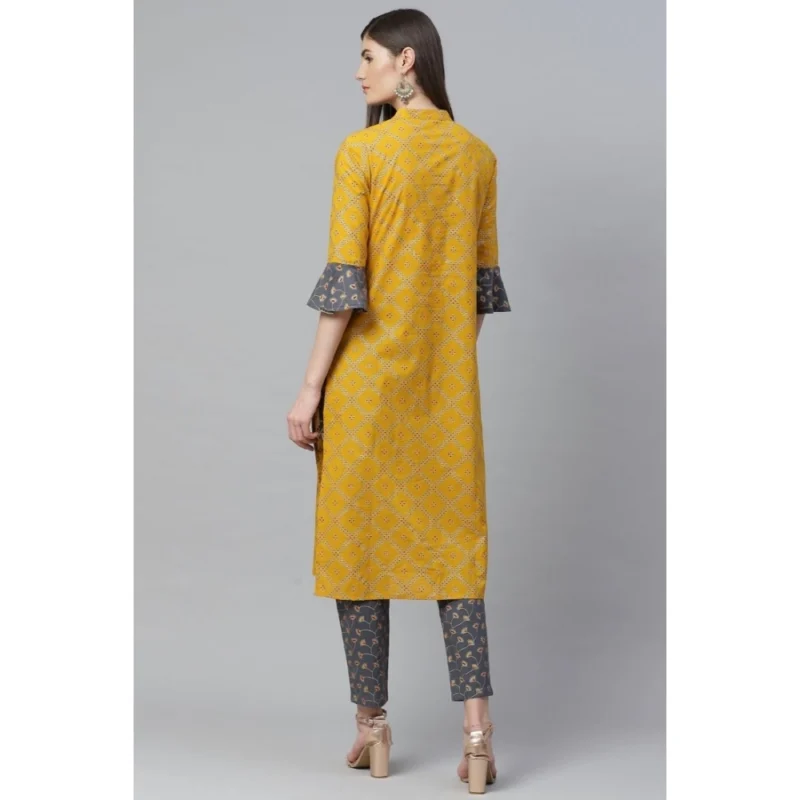 Generic Women's Casual Bell Sleeves Geomatrical Printed Cotton Kurti Set (Yellow) - Image 2