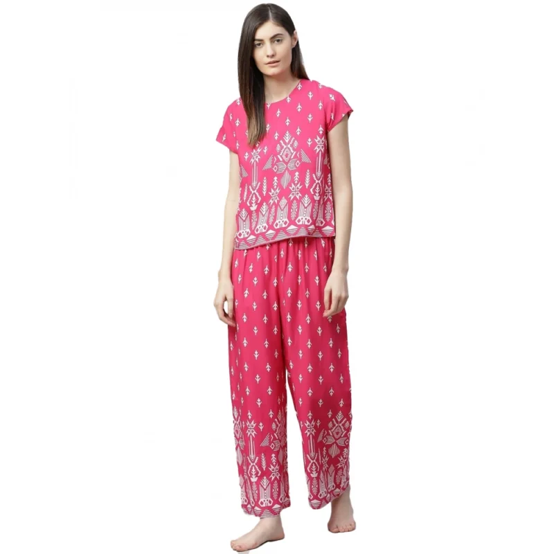 Generic Women's Casual Short Sleeve Printed Rayon Pajama Set (Pink)