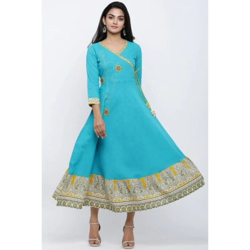 Generic Women's Casual 3/4 th Sleeve Embroidery Cotton Blend Kurti (Torque Green) - Image 3