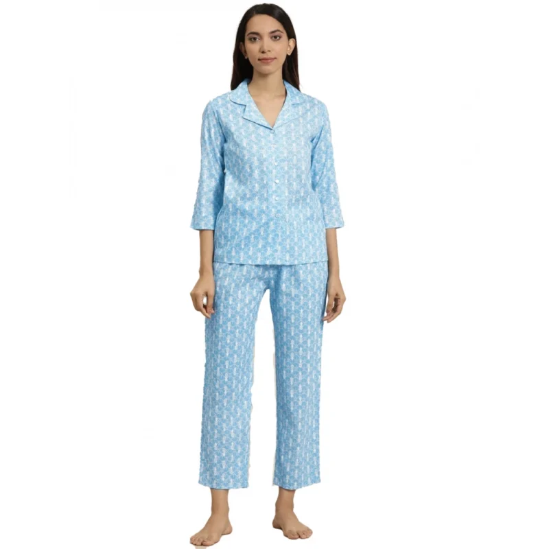 Generic Women's Casual 3/4 th Sleeve Floral Printed Rayon Shirt With Pyjama Pant Night Suit Set (Blue)
