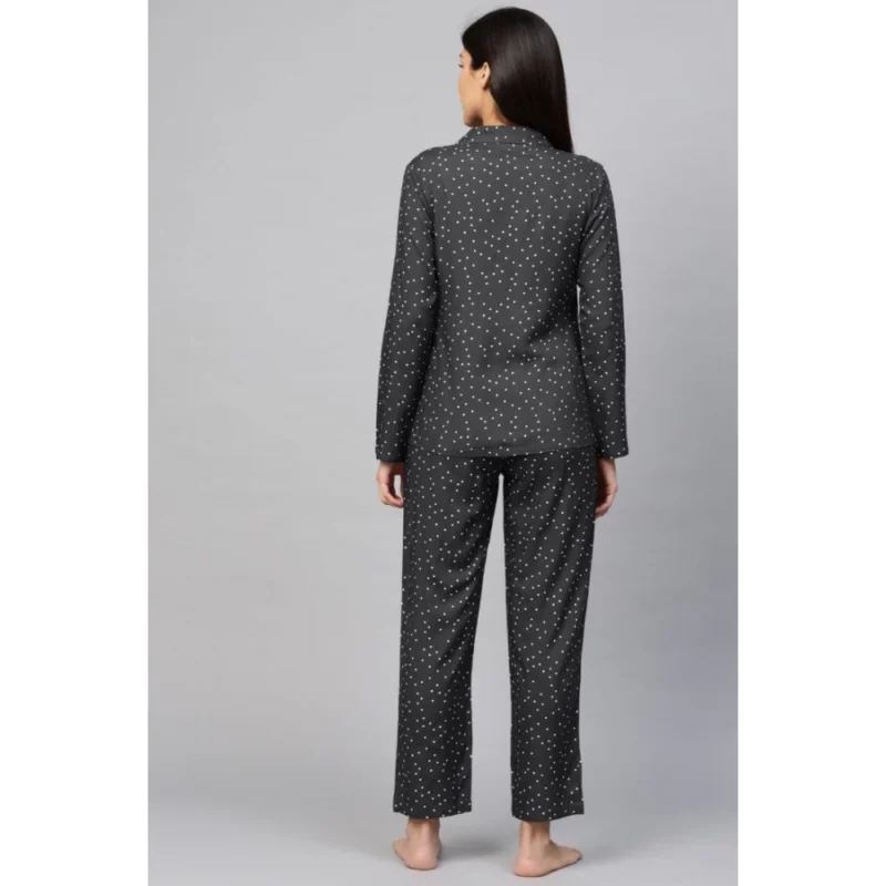 Generic Women's Casual Full Sleeves Polka Dot Printed Rayon Shirt With Pyjama Pant Night Suit Set (Grey) - Image 2