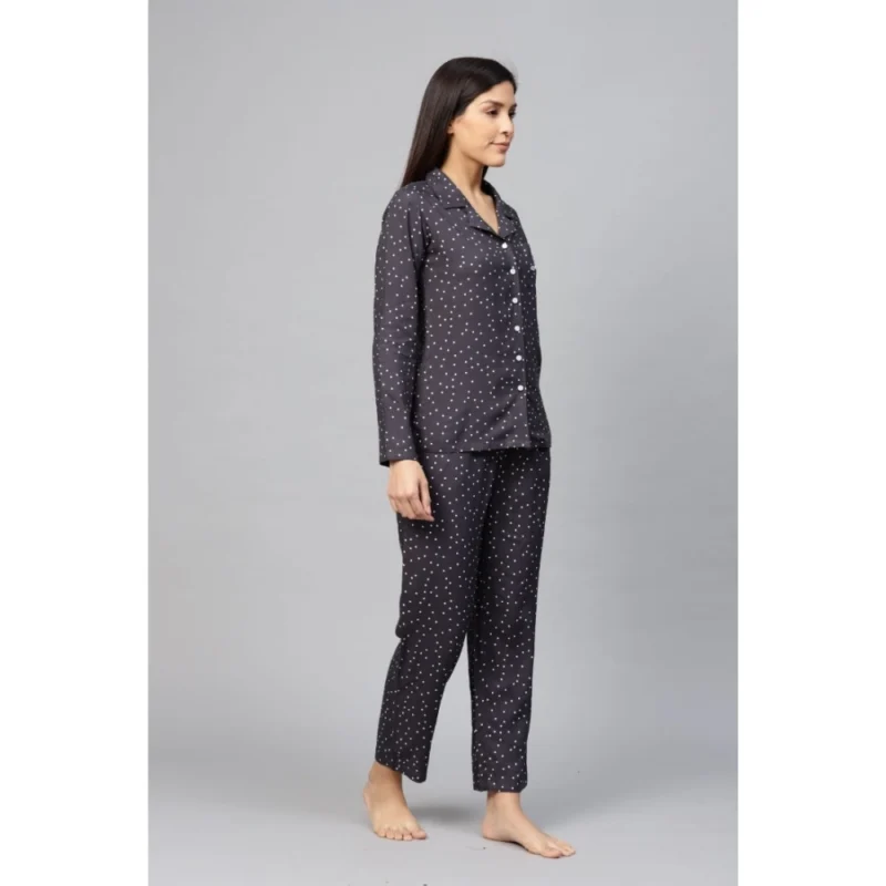 Generic Women's Casual Full Sleeves Polka Dot Printed Rayon Shirt With Pyjama Pant Night Suit Set (Grey) - Image 5
