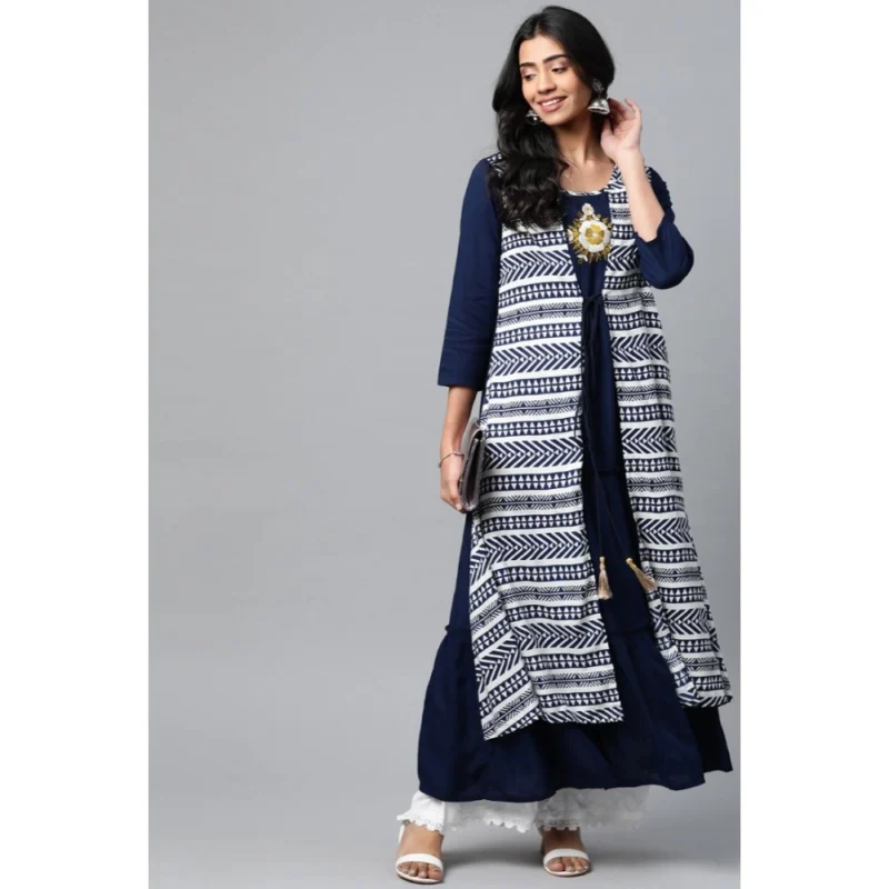 Generic Women's Casual 3/4 th Sleeve Geometric Rayon Kurti (Navy Blue) - Image 3
