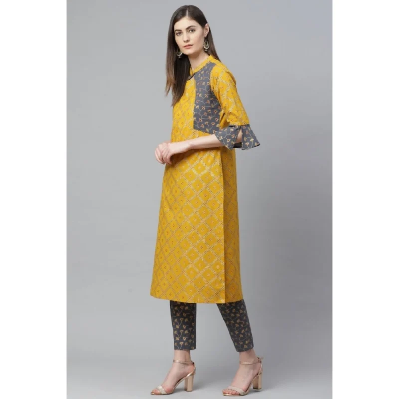 Generic Women's Casual Bell Sleeves Geomatrical Printed Cotton Kurti Set (Yellow) - Image 5