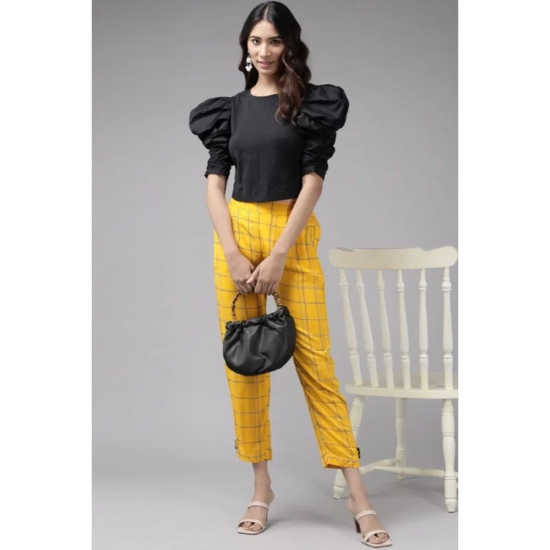 Generic Women's Casual Checked Rayon Trouser Pant (Yellow) - Image 3