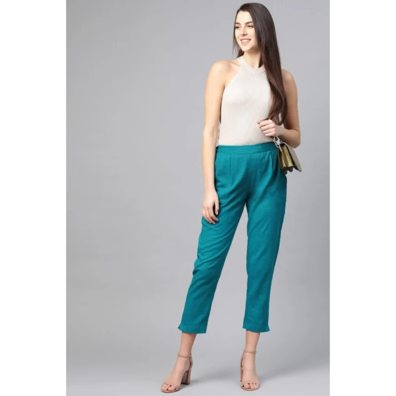Generic Women's Casual Solid Cotton Slub Trouser Pant (Rama Blue) - Image 3