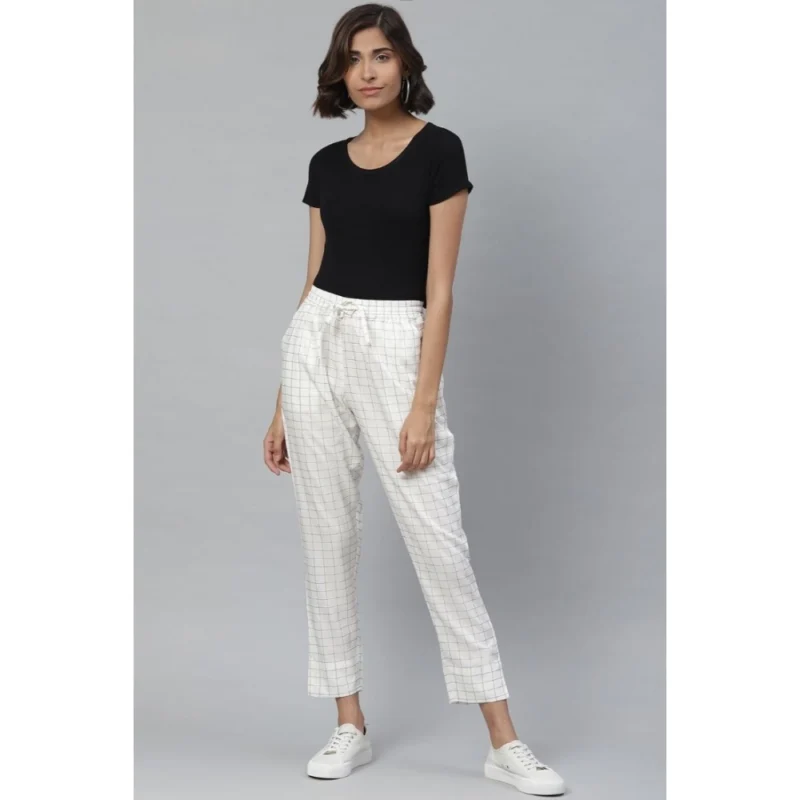 Generic Women's Casual Checked Rayon Trouser Pant (White) - Image 3