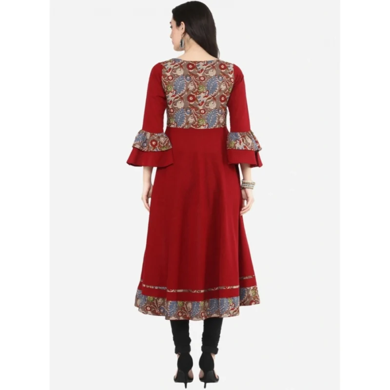 Generic Women's Casual Bell Sleeves Printed Cotton Kurti (Maroon) - Image 2