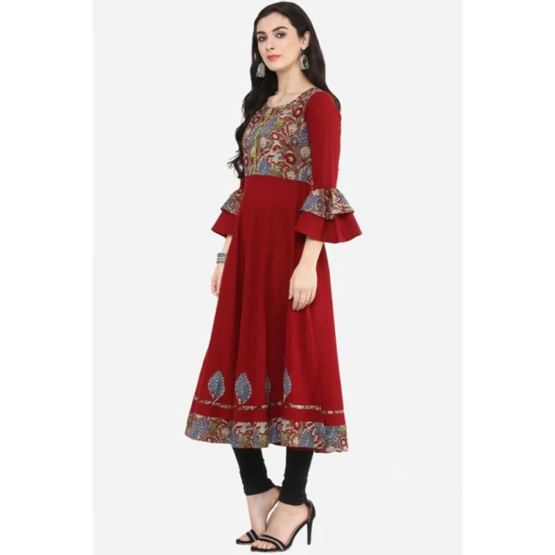 Generic Women's Casual Bell Sleeves Printed Cotton Kurti (Maroon) - Image 5