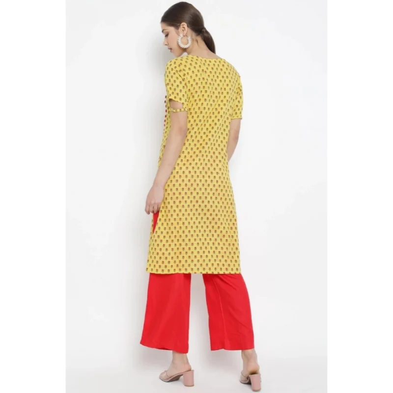 Generic Women's Casual Short Sleeves Floral Printed Cotton & Rayon Kurti Palazzo Set (Yellow & Red) - Image 2