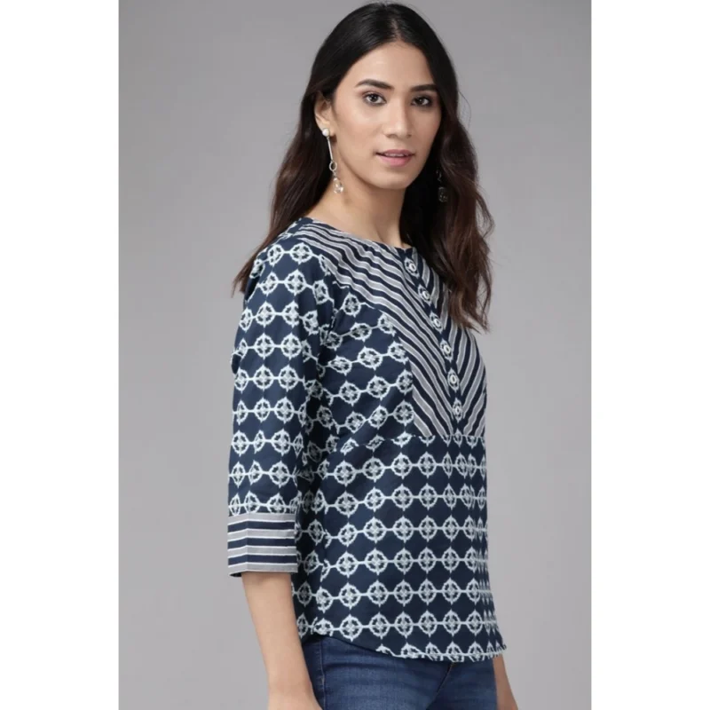 Generic Women's Casual 3/4 th Sleeve Floral Printed Cotton Top (Blue) - Image 5