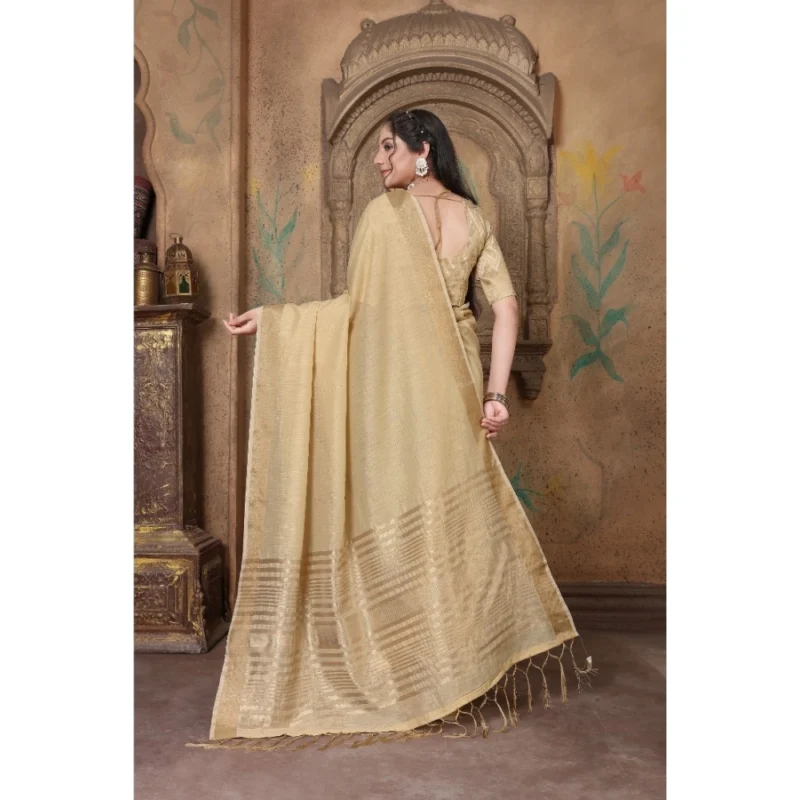 Generic Women's Soft Linen Striped Saree With Unstitched Blouse (Beige, 5-6 Mtrs) - Image 3