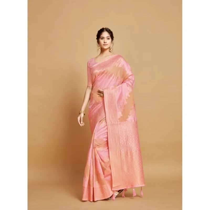 Generic Women's Linen Printed Saree With Unstitched Blouse (Pink, 5-6 Mtrs) - Image 2