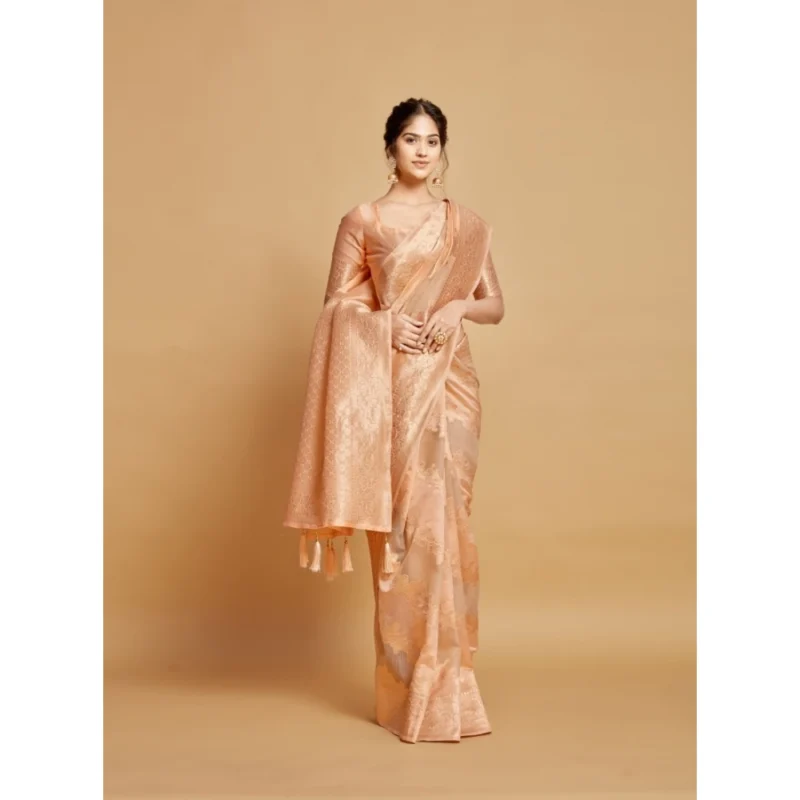 Generic Women's Linen Printed Saree With Unstitched Blouse (Peach, 5-6 Mtrs) - Image 4
