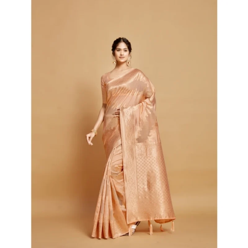 Generic Women's Linen Printed Saree With Unstitched Blouse (Peach, 5-6 Mtrs) - Image 2