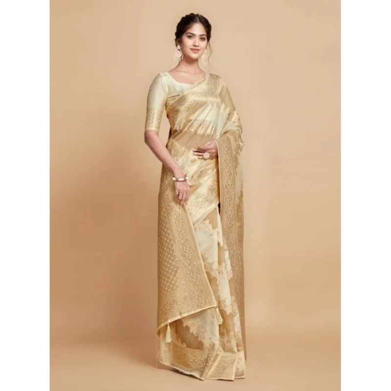 Generic Women's Linen Printed Saree With Unstitched Blouse (Beige, 5-6 Mtrs) - Image 4