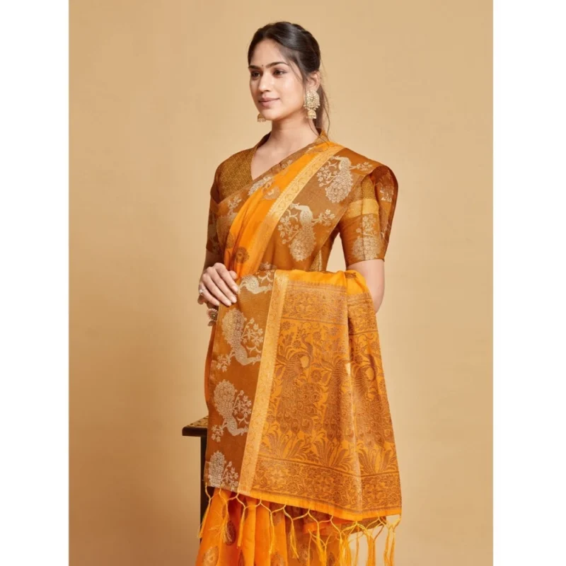 Generic Women's Organza Printed Saree With Unstitched Blouse (Mustard, 5-6 Mtrs) - Image 4