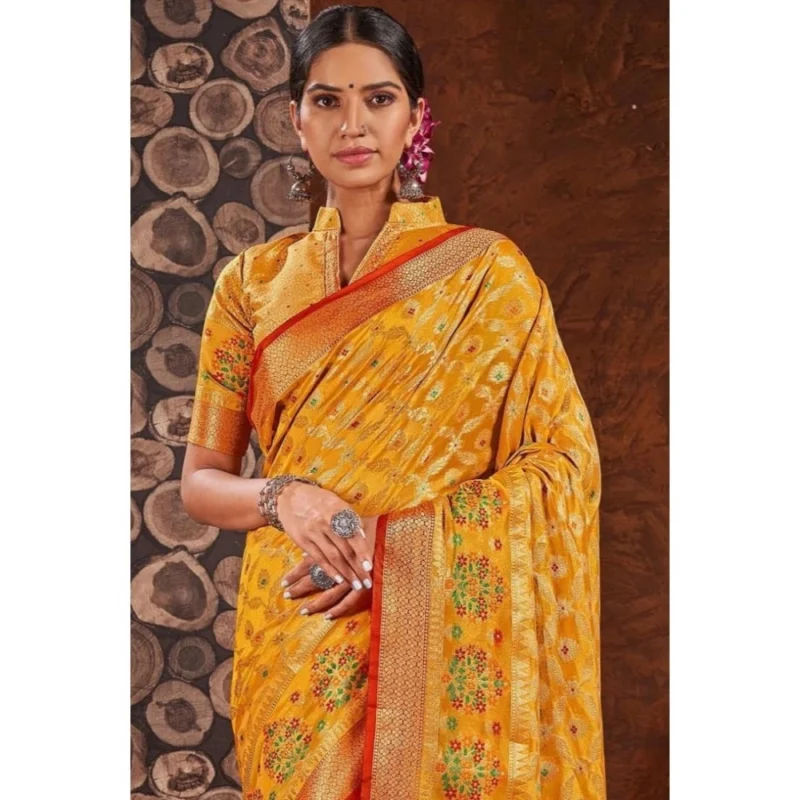 Generic Women's Organza Printed Saree With Unstitched Blouse (Yellow, 5-6 Mtrs) - Image 2