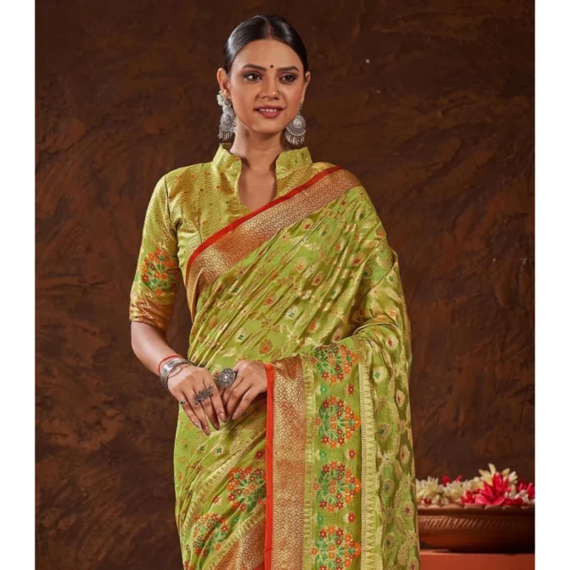 Generic Women's Organza Printed Saree With Unstitched Blouse (Parrot Green, 5-6 Mtrs) - Image 2