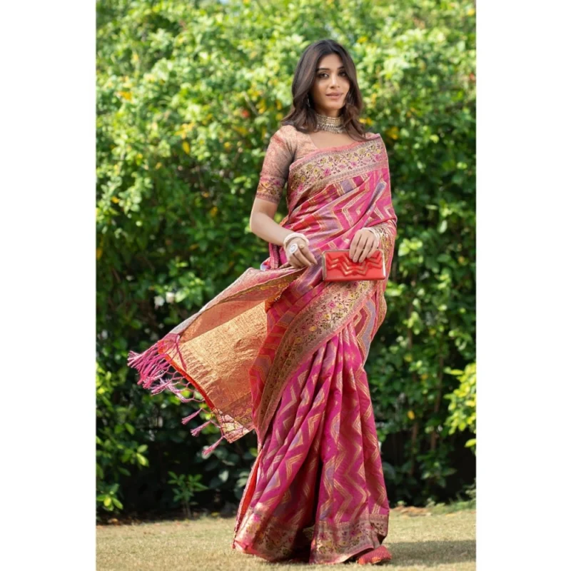 Generic Women's Organza Printed Saree With Unstitched Blouse (Pink, 5-6 Mtrs) - Image 2