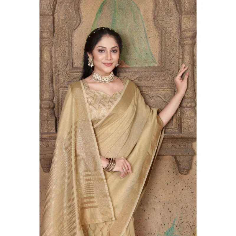Generic Women's Soft Linen Striped Saree With Unstitched Blouse (Beige, 5-6 Mtrs) - Image 2