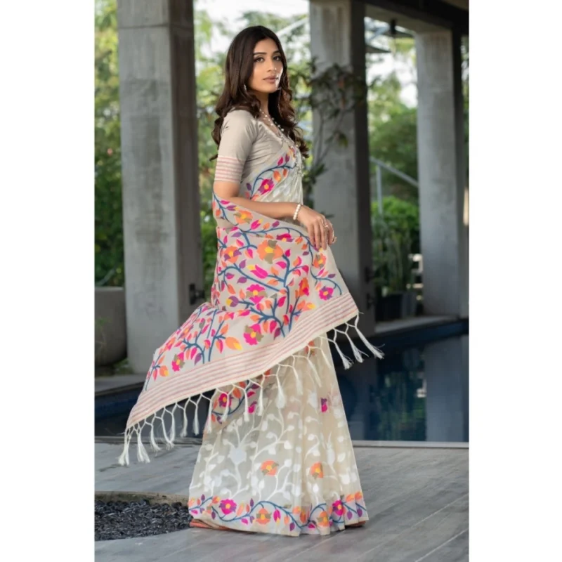 Generic Women's Cotton Printed Saree With Unstitched Blouse (Off-White, 5-6 Mtrs) - Image 2