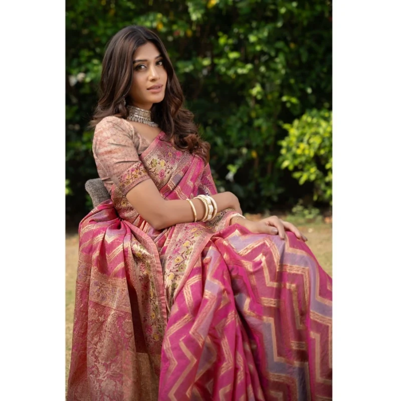 Generic Women's Organza Printed Saree With Unstitched Blouse (Pink, 5-6 Mtrs) - Image 4