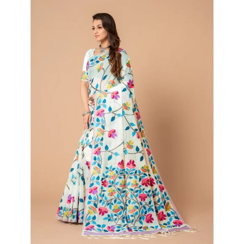 Generic Women's Cotton Printed Saree With Unstitched Blouse (White, 5-6 Mtrs) - Image 4