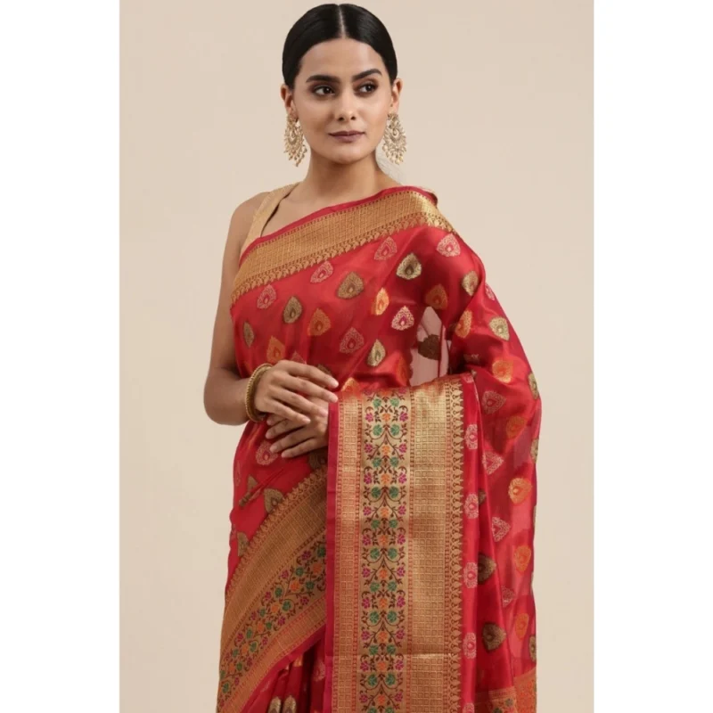 Generic Women's Organza Printed Saree With Unstitched Blouse (Red, 5-6 Mtrs) - Image 2