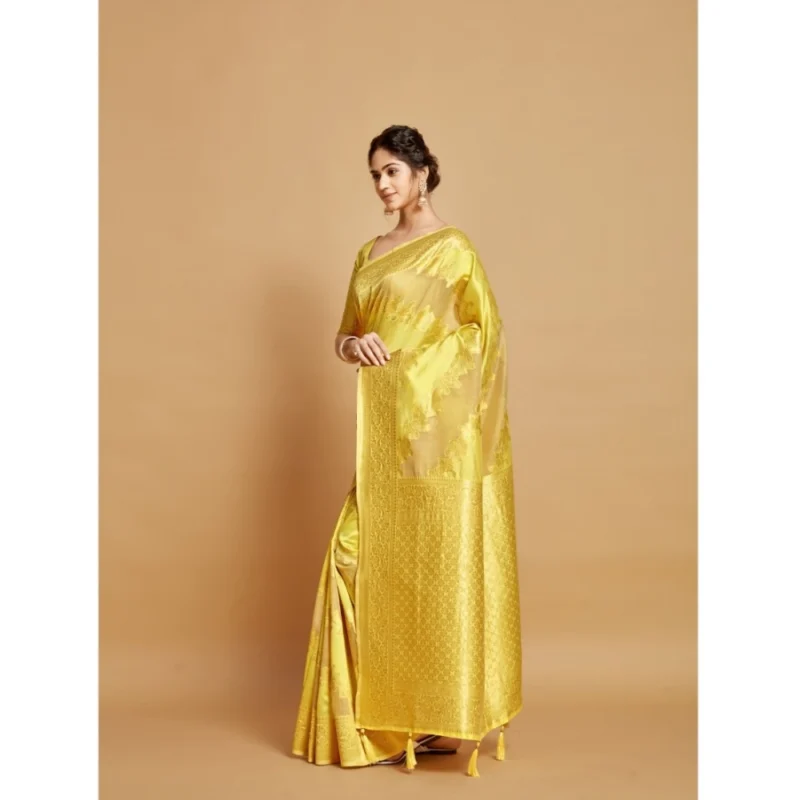 Generic Women's Linen Printed Saree With Unstitched Blouse (Yellow, 5-6 Mtrs) - Image 4