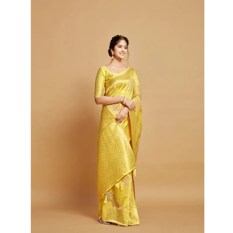 Generic Women's Linen Printed Saree With Unstitched Blouse (Yellow, 5-6 Mtrs) - Image 5