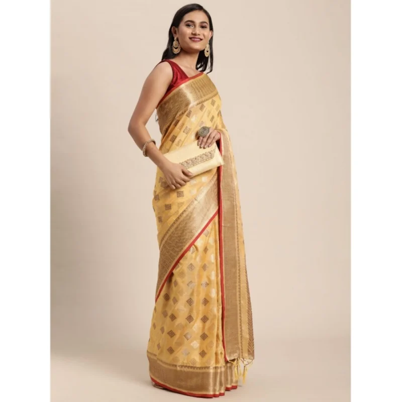 Generic Women's Chanderi Cotton Printed Saree With Unstitched Blouse (Yellow, 5-6 Mtrs) - Image 3