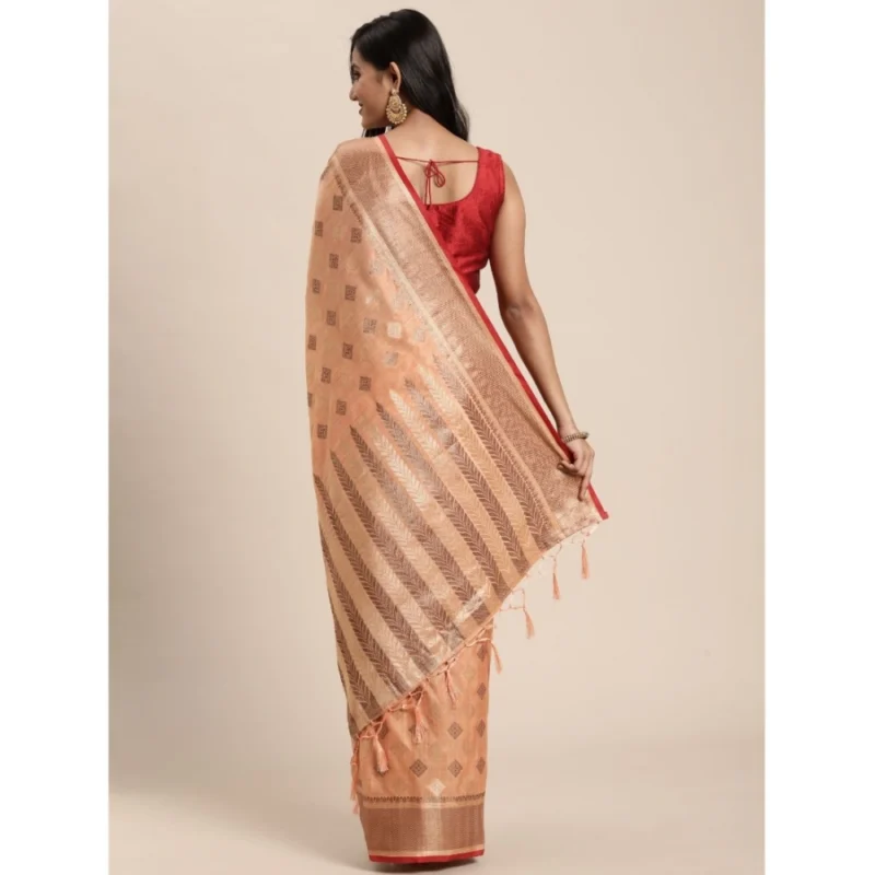 Generic Women's Chanderi Cotton Printed Saree With Unstitched Blouse (Orange, 5-6 Mtrs) - Image 4