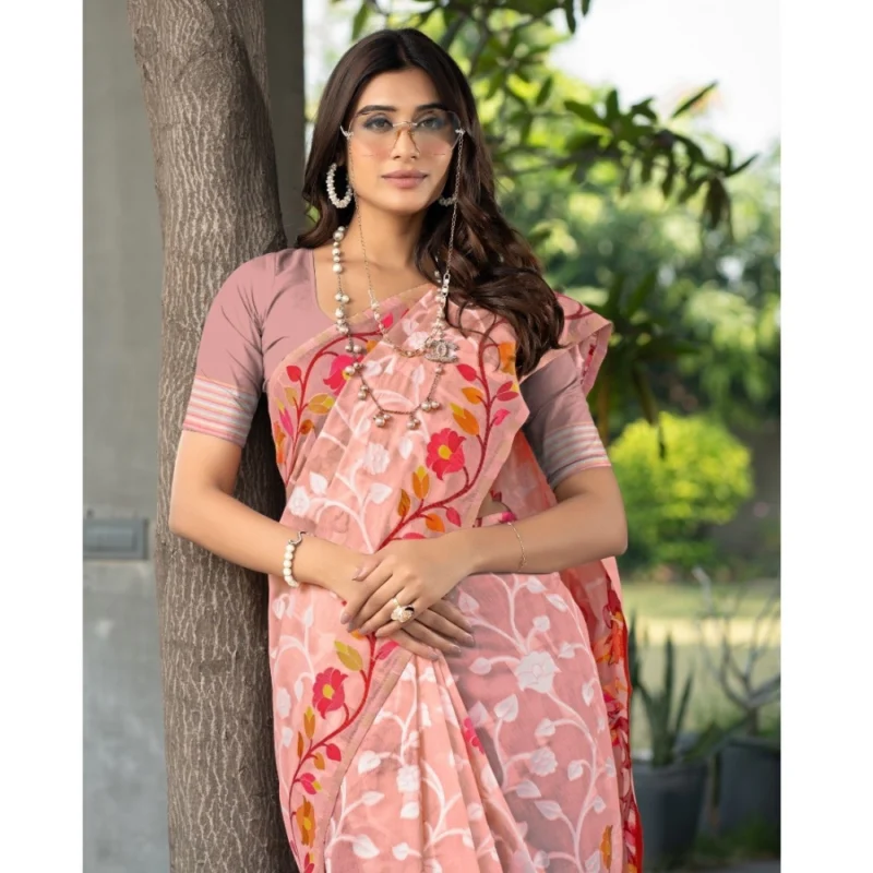 Generic Women's Cotton Printed Saree With Unstitched Blouse (Peach, 5-6 Mtrs) - Image 4