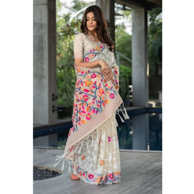 Generic Women's Cotton Printed Saree With Unstitched Blouse (Off-White, 5-6 Mtrs) - Image 3