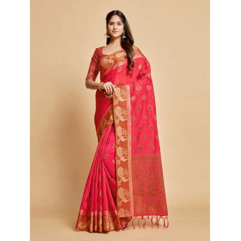 Generic Women's Organza Printed Saree With Unstitched Blouse (Pink, 5-6 Mtrs) - Image 2